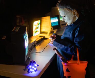 [OC] We set up some classic video games on our lawn on Halloween, and were visited by Michael Myers