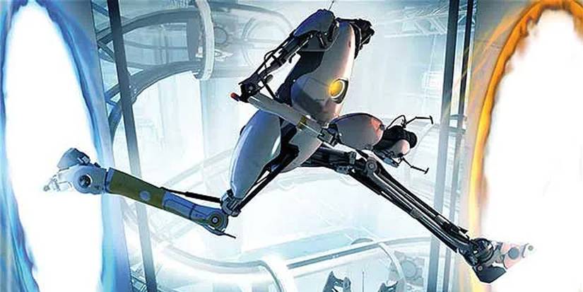 Portal 2's Key art featuring a robot jumping between a blue and orange portal