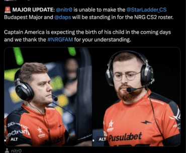 nitr0 to miss the Starladder Budapest Major due to him expecting the birth of another child of his