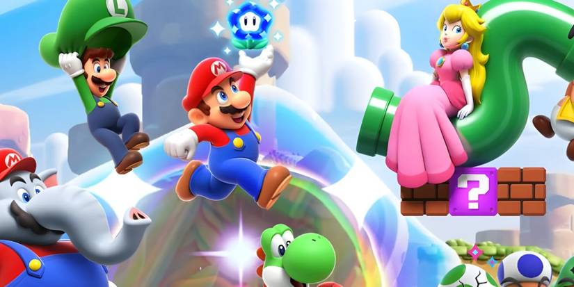 Super Mario Bros. Wonder key art featuring a collage of Mario and friends exploring the colorful Flower Kingdom.