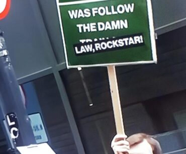 Placard during protests outside Rockstar North, UK