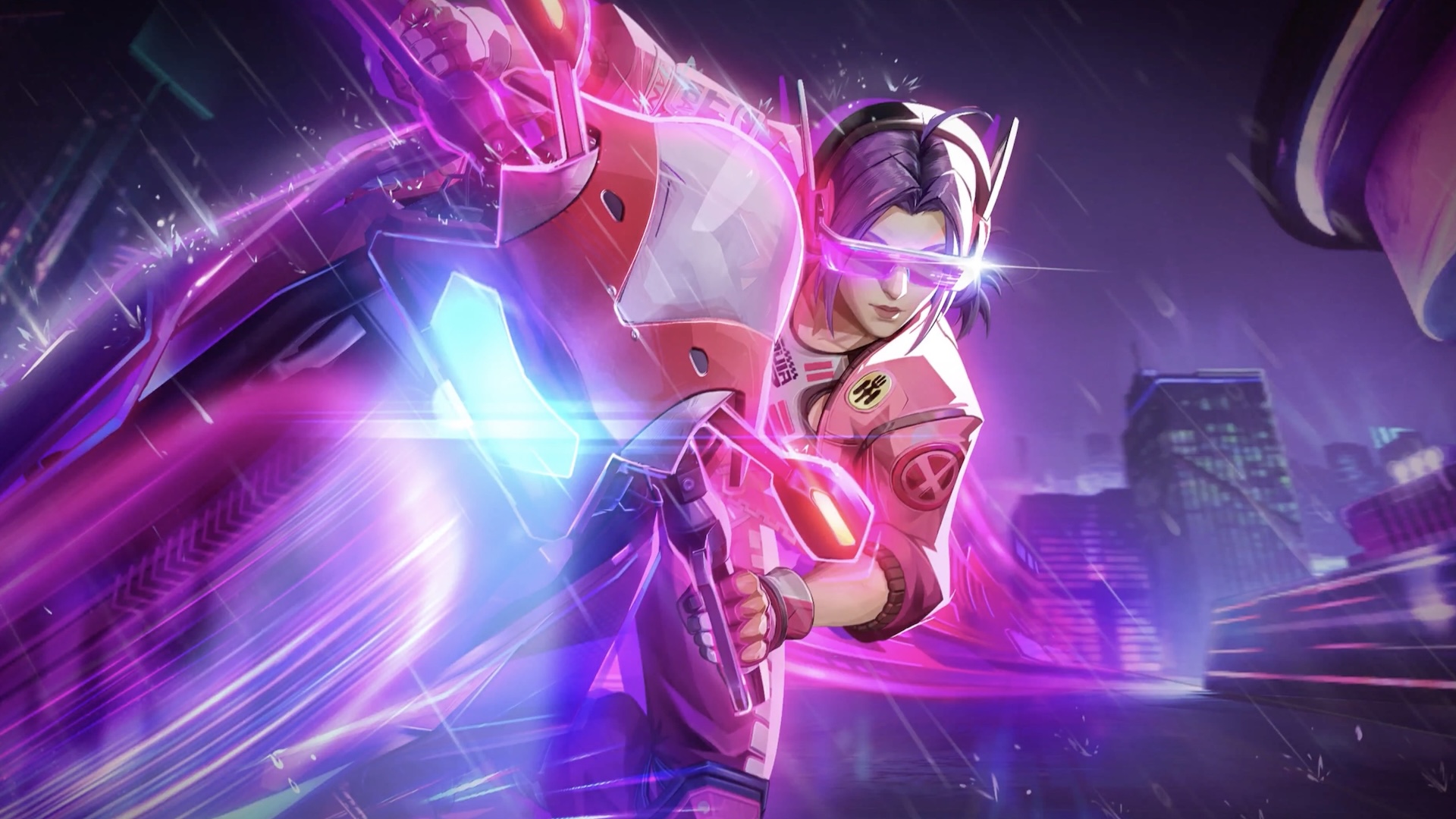 Psylocke speeds on a pink, neon motorcycle, leaning into a turn
