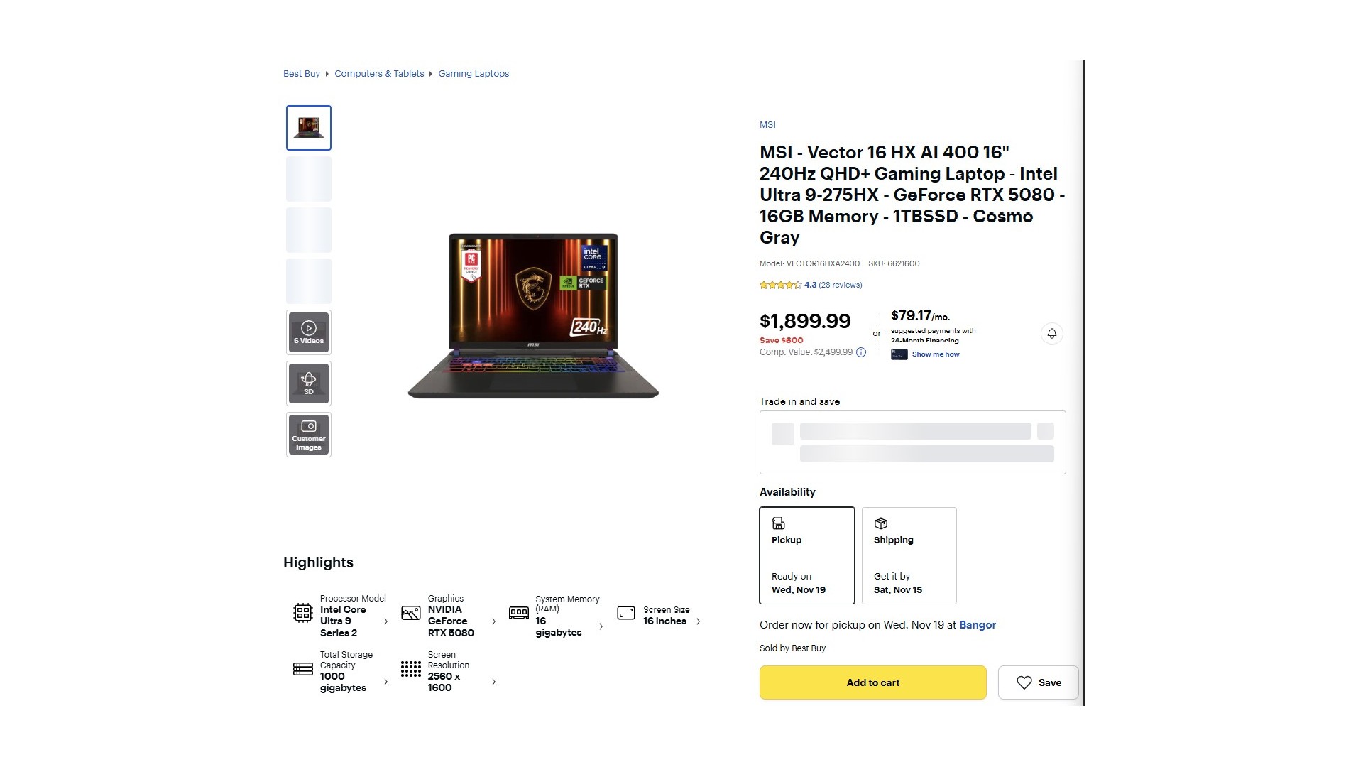 Screenshot of MSI Vector gaming laptop deal listing at Best Buy
