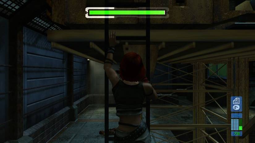 Joanna Dark climbs a ladder in Perfect Dark Zero.