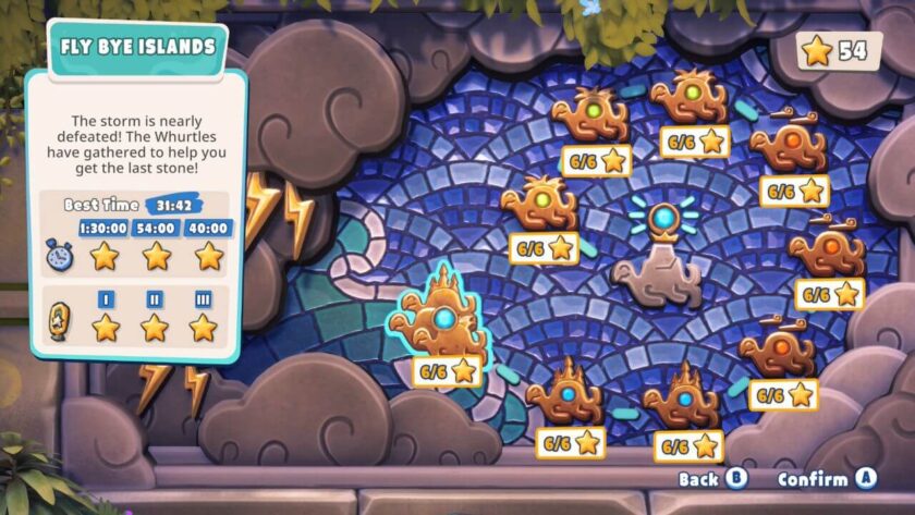 Island select menu, showing that each island has 6 of 6 stars completed. Published on LadiesGamers.