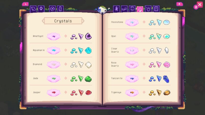 Page from the grimoire which shows the crystals available. Published on LadiesGamers.