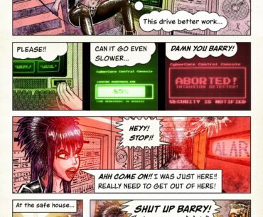 A retro-cyberpunk comic page from the Meatcorps Universe — Denise’s CyberCore heist goes bad fast [OC]