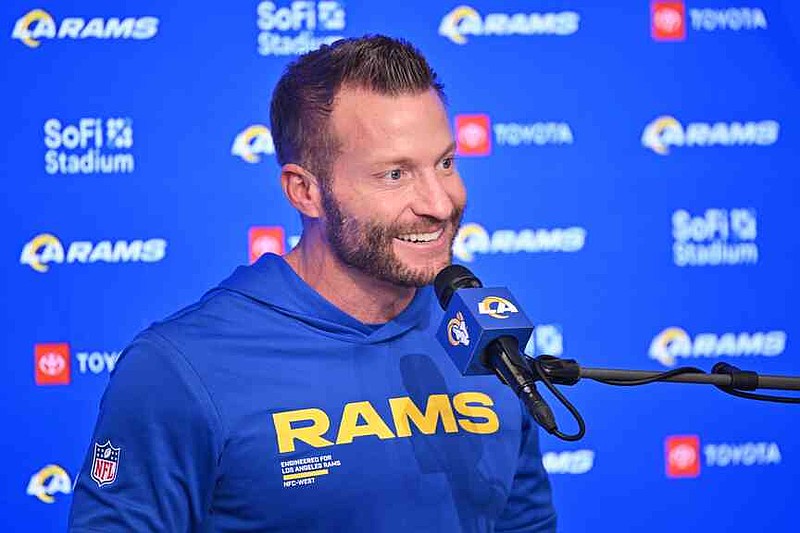 Los Angeles Rams head coach Sean McVay smiles during a press conference after an NFL football game against the Detroit Lions, Sunday, Dec. 14, 2025, in Inglewood, Calif. (AP Photo/Katie Chin)