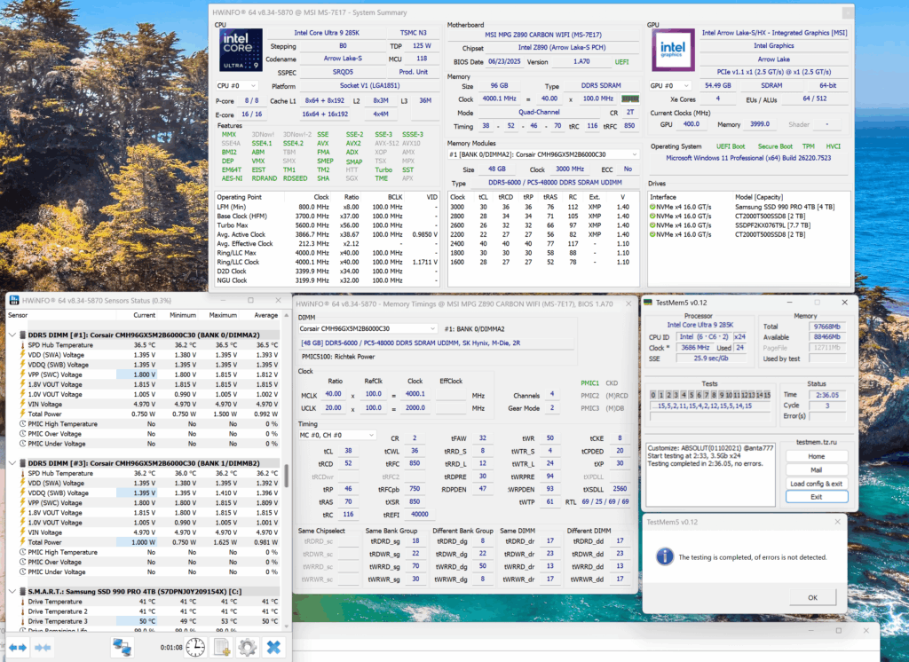 Arrow Lake 2x48GB Hynix M-Die DDR5 8000-Cl38 OC (1.395v VDD/VDDQ) On Z890 Carbon