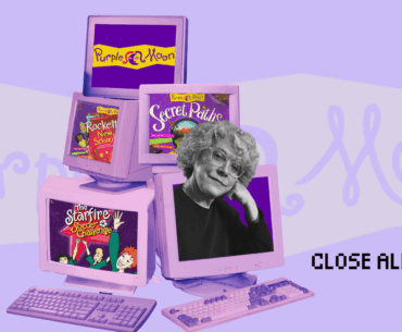 Five purple computer screens and keyboards from the 90s/2000s are stacked on top of each other, each displaying an image from Purple Moon computer games. Purple Moon’s creator Brenda Laurel is sticking out of one screen. The Purple Moon logo is in the background. The words “CLOSE ALL TABS” appear in pixelated text in the lower right, with a mouse cursor next to them.