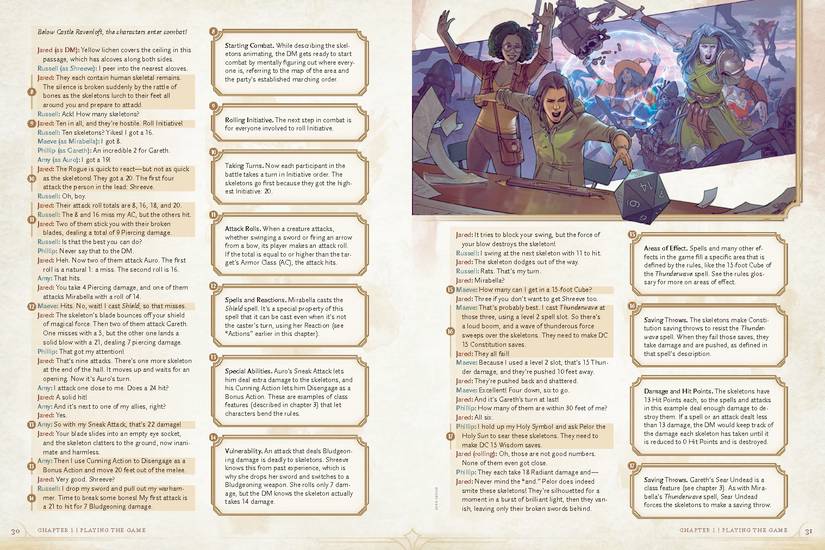 A spread from the 2024 edition of the Dungeons & Dragons Player’s Handbook, with an example of combat in the left column and a commentary on applicable rules in the right. 