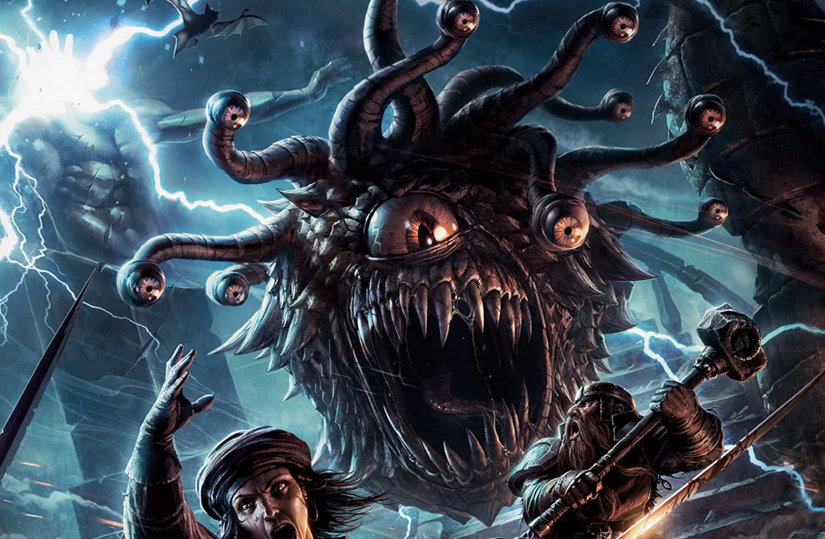 A detail from the Dungeons & Dragons monster manual, with a roaring, black beholder attacking a human and dwarf amid some ruins at night, as the human calls down lightning and the dwarf raises his weapon