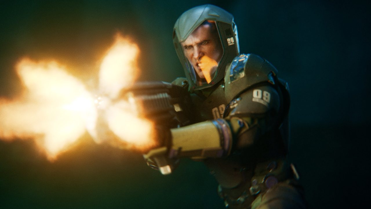 A screenshot from Exodus of a man in a space suit firing a gun
