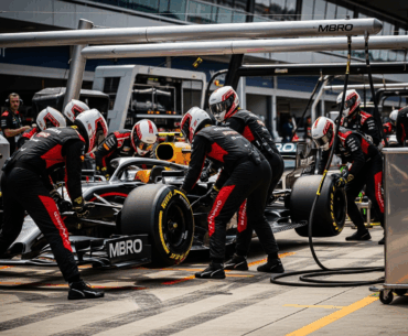An F1 pit crew works in perfect synchronization, showcasing speed, precision, and high-performance execution in a professional environment.