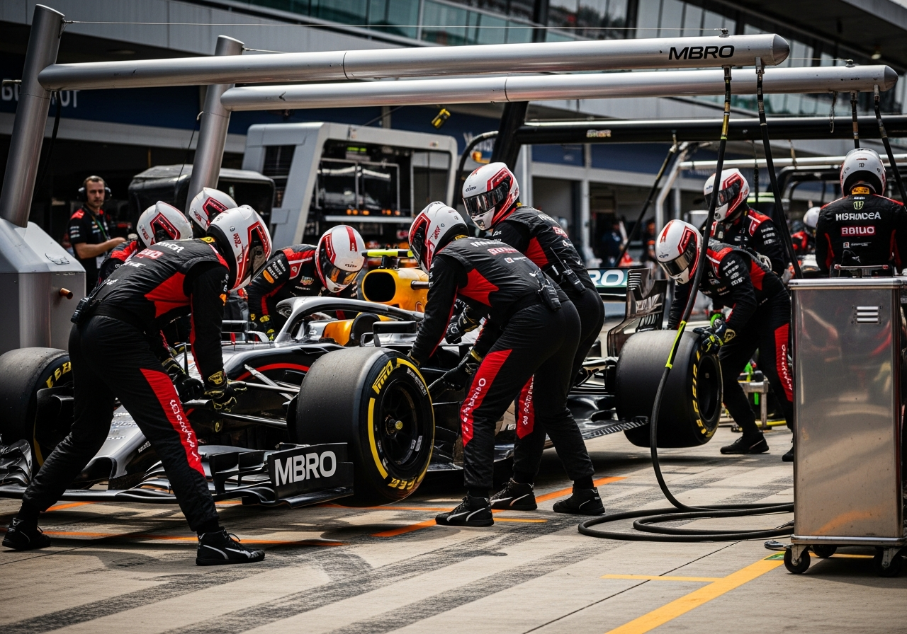 F1 engagement tactics for gaming platform success An F1 pit crew works in perfect synchronization, showcasing speed, precision, and high-performance execution in a professional environment.