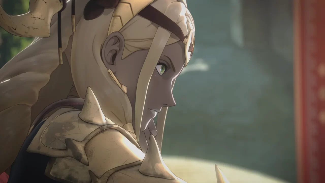 A screenshot of a woman with blonde hair looking intensely to the side in Fire Emblem Fortune's Weave
