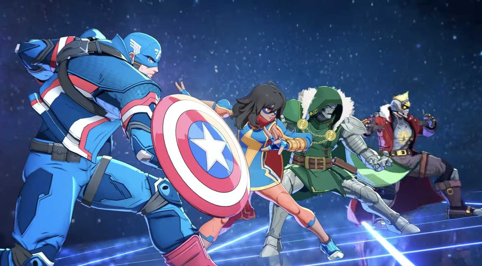 Captain America, Kamala Khan, Doctor Doom, and Star Lord preparing to fight in Marvel Tokon.