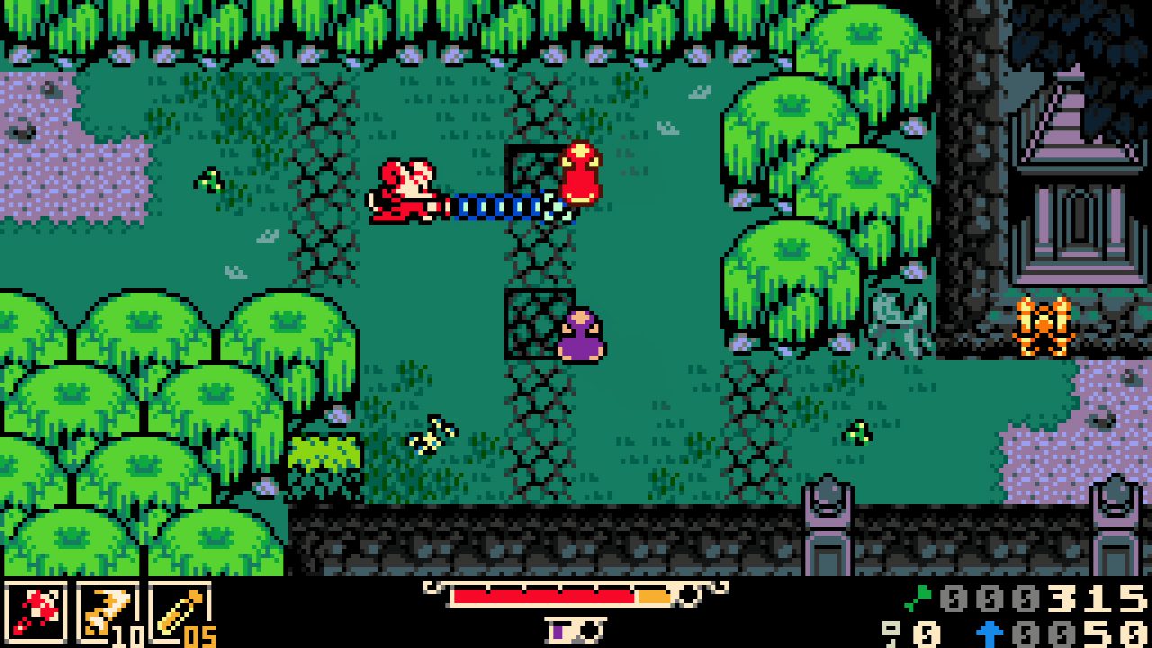 Mina, the mouse protagonist of Mina the Hollower, attacks enemies in a forest with a ball and chain