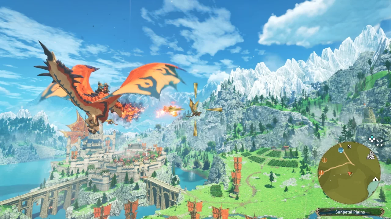 A screenshot from Monster Hunter Stories 3: Twisted Reflection of a monster that looks like a dragon flying over a green area and a kingdom