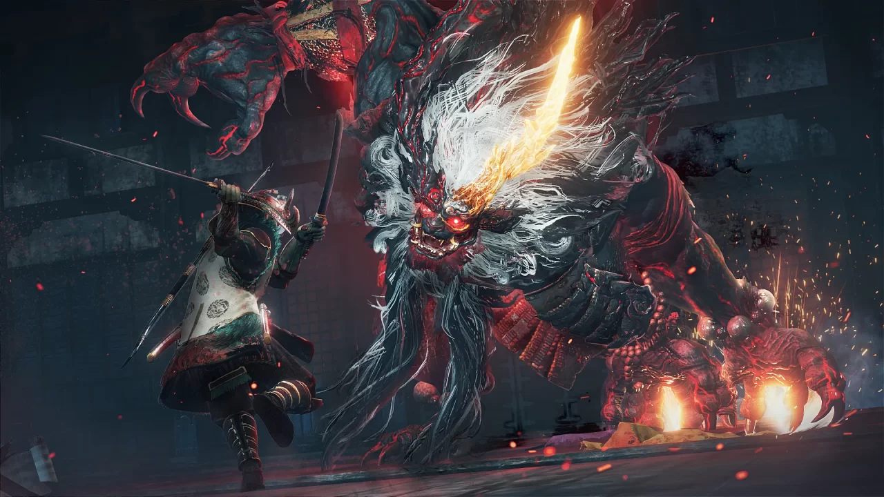The player Samurai launches himself at the demon Yokai beast, the Takeda Shingen, in a screenshot from Nioh 3.