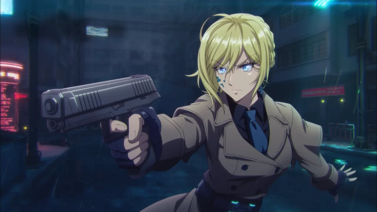 Parasite Mutant Artwork with a blonde woman holding a gun and pointing it.