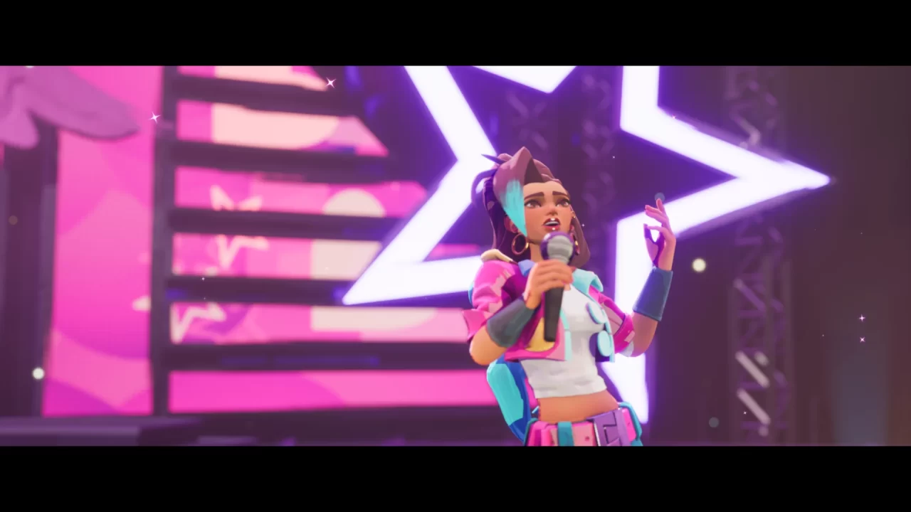 A screenshot of People of Note depicting protagonist Cadence singing in front of a shadowed stage, lit up by a purple neon star.