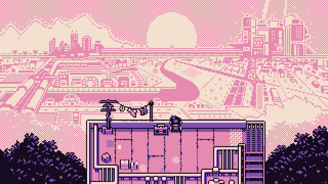 Petal Runner screenshot with a beautiful view of a town at sunset from a balcony!