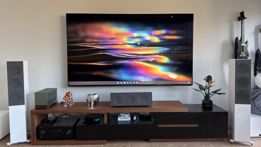 One monitor is best: 85” 4K 120 fps