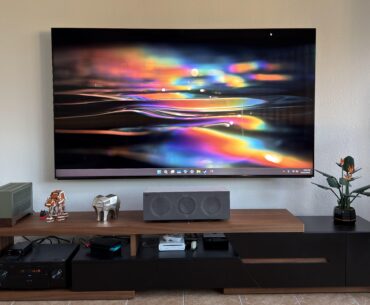 One monitor is best: 85” 4K 120 fps
