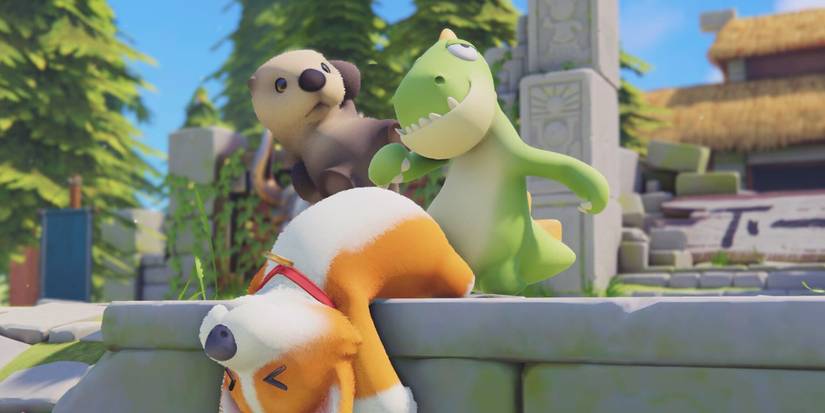 An otter and dragon animal character knocking a dog off a platform, Party Animals