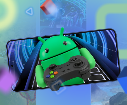 Android mascot holding a game controller emerging from a smartphone screen, and colorful gaming icons floating around.