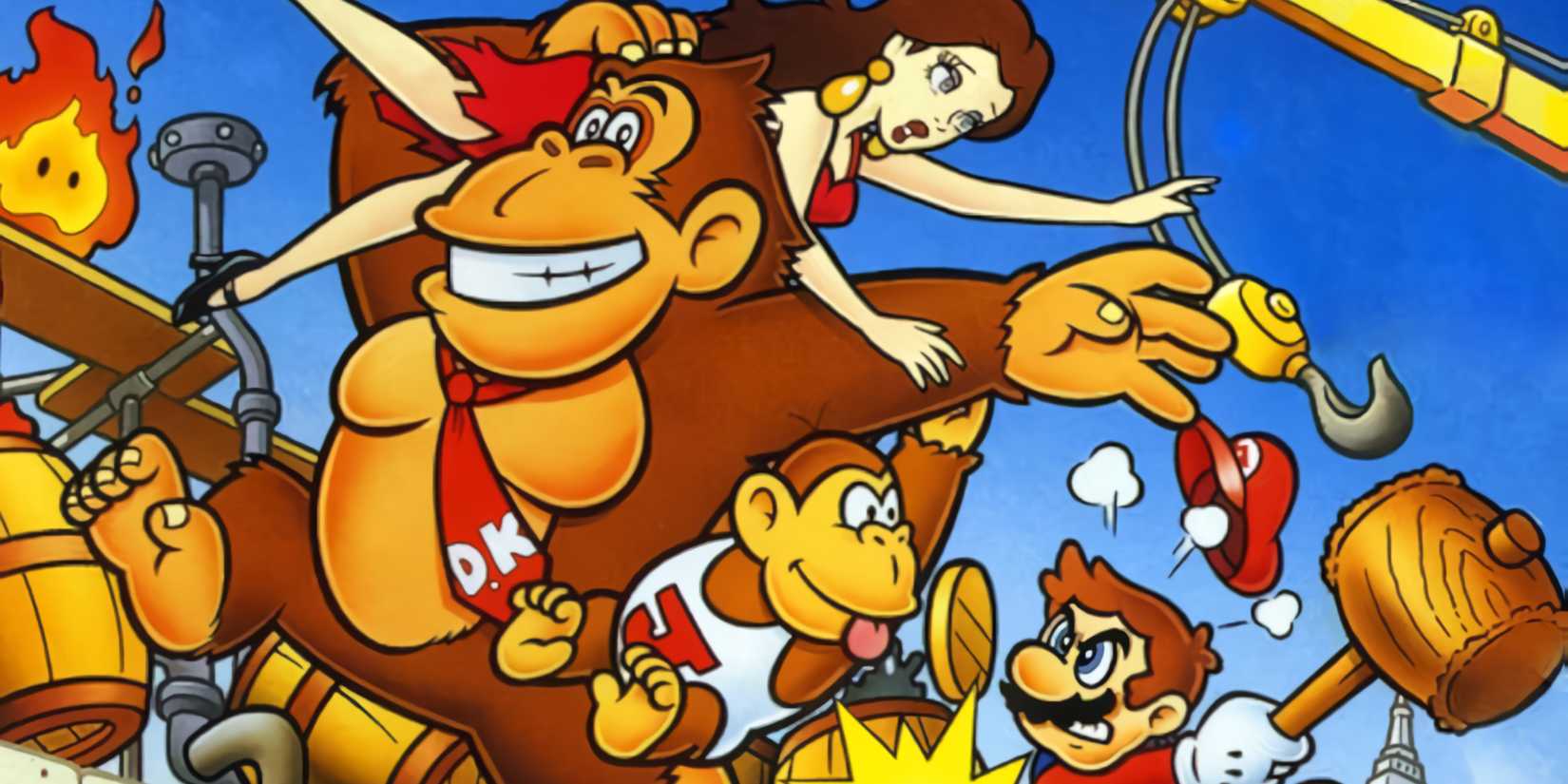 Artwork for 1994's Donkey Kong on the Game Boy, showing DK abducting Pauline, with Mario in pursuit wielding a hammer.