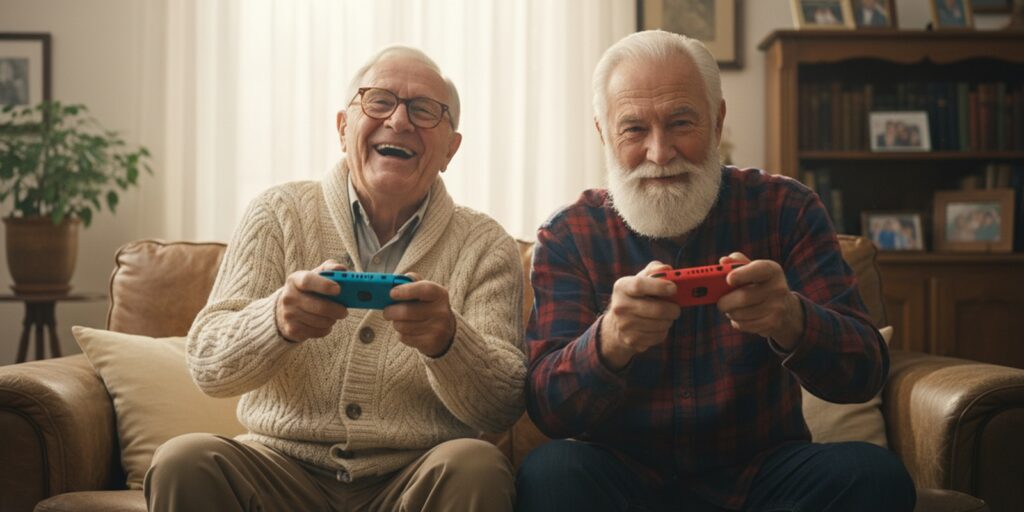 Two smiling elderly men sitting on a sofa playing video games with Nintendo Switch Joy-Con controllers as part of cognitive therapy.