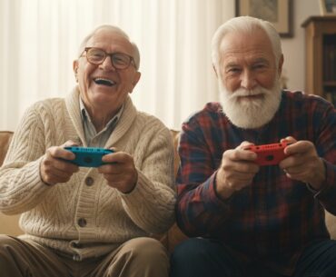 Two smiling elderly men sitting on a sofa playing video games with Nintendo Switch Joy-Con controllers as part of cognitive therapy.