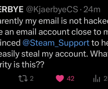 Atlanta Major MVP Kjaerbye has had his Steam account compromised because someone made an email similar to his and convinced Steam Support to grant them access to the account.