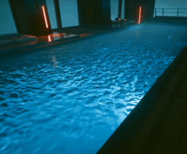 Rain animation appears on the Konpeki Plaza pool water even though it’s an indoor pool.