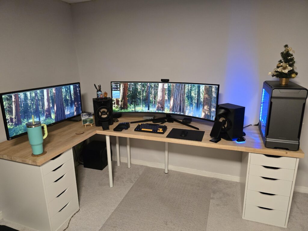 My half Ikea desk build with 2 butcherblock countertops that I cut, sanded and laquered