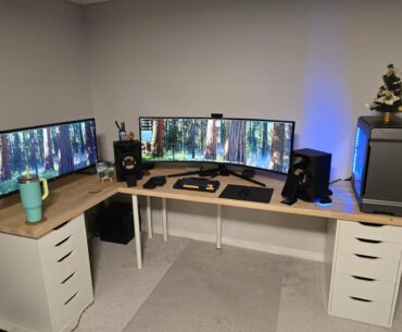 My half Ikea desk build with 2 butcherblock countertops that I cut, sanded and laquered