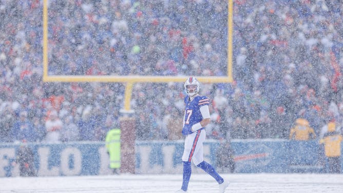 ORCHARD PARK, NEW YORK - DECEMBER 7: Josh Allen #17 of the Buffalo Bills walks off the field during the second quarter of the NFL 2025 game against the Cincinnati Bengals at Highmark Stadium on December 7, 2025 in Orchard Park, New York.