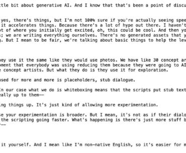 Jason Schreier shares the full transcript of Larian CEO’s Gen AI comments: “If I had known the two paragraphs about genAI in my article today would be so controversial, I would have expanded them a bit! Here's a rough transcript of the relevant portion of my interview with Swen Vincke.”