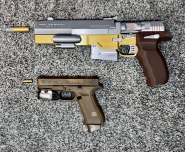 I 3D printed a replica of Johnny Silverhand’s Malorian Arms 3516 to a 1:1 scale correctly chambered in 14mm next to a real 9mm handgun for scale. No wonder it blows people’s limbs off in the game.