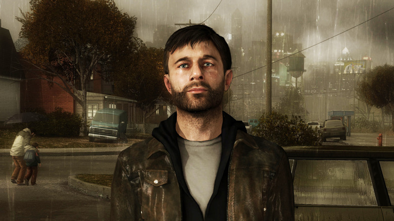 Ethan Mars stands morosely in a downpour in a neighborhood in 