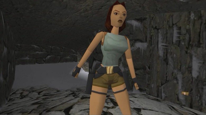 Blocky Lara Croft from the 1996 Tomb Raider in an icy cave