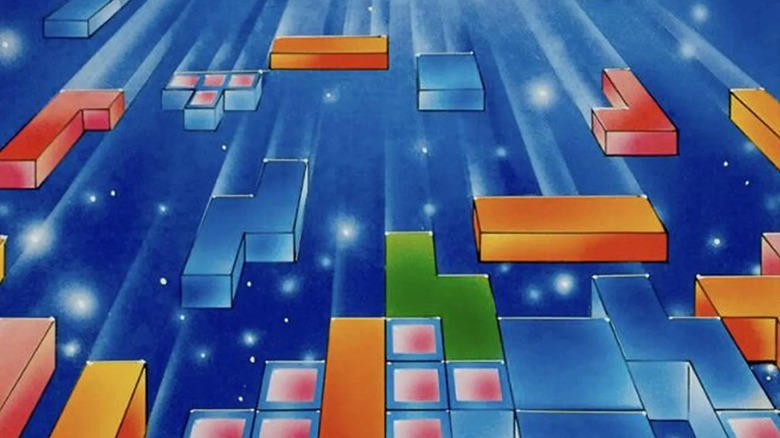 Colorful blocks descend from a starry background in the cover art for 