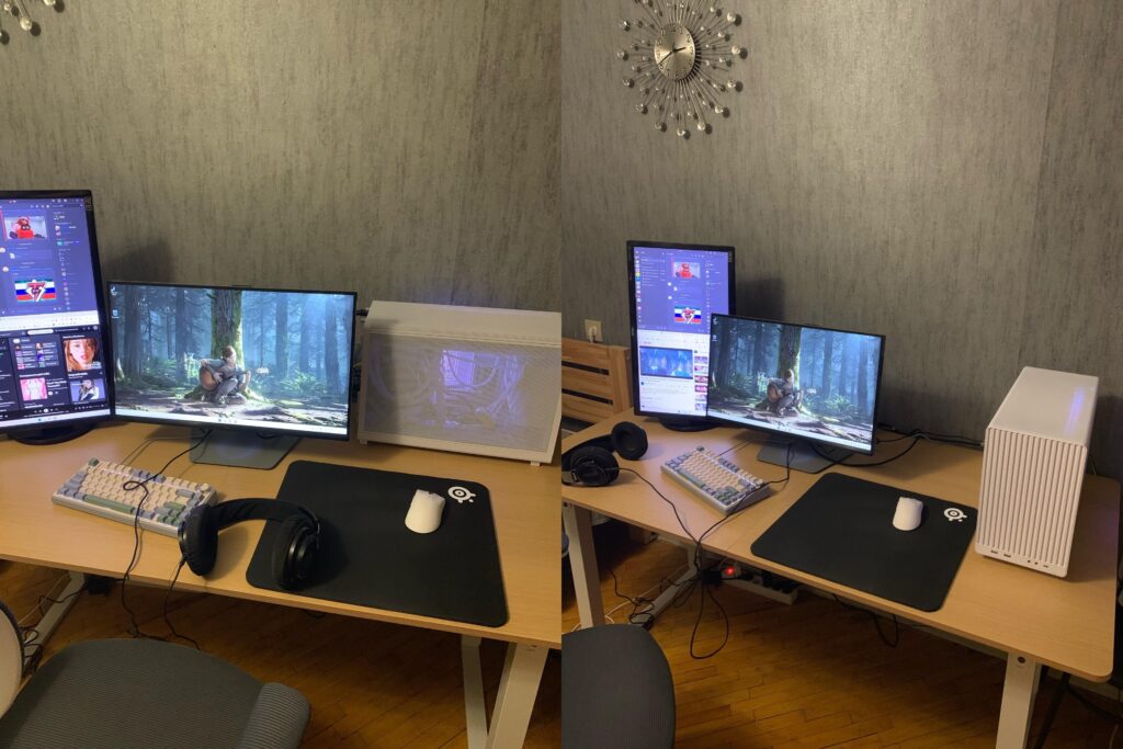 Which position pc on the desk looks cleaner you think?