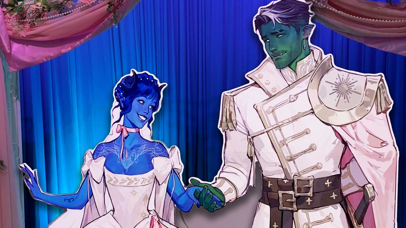 Cutouts of Jester and Fjord from Critical Role, hand-in-hand in their wedding finery