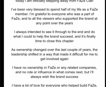 FaZe Apex, Former COO and Owner of FaZe, departed FaZe Clan. FaZe Esports will continue to operate but the FaZe brand is effectively over