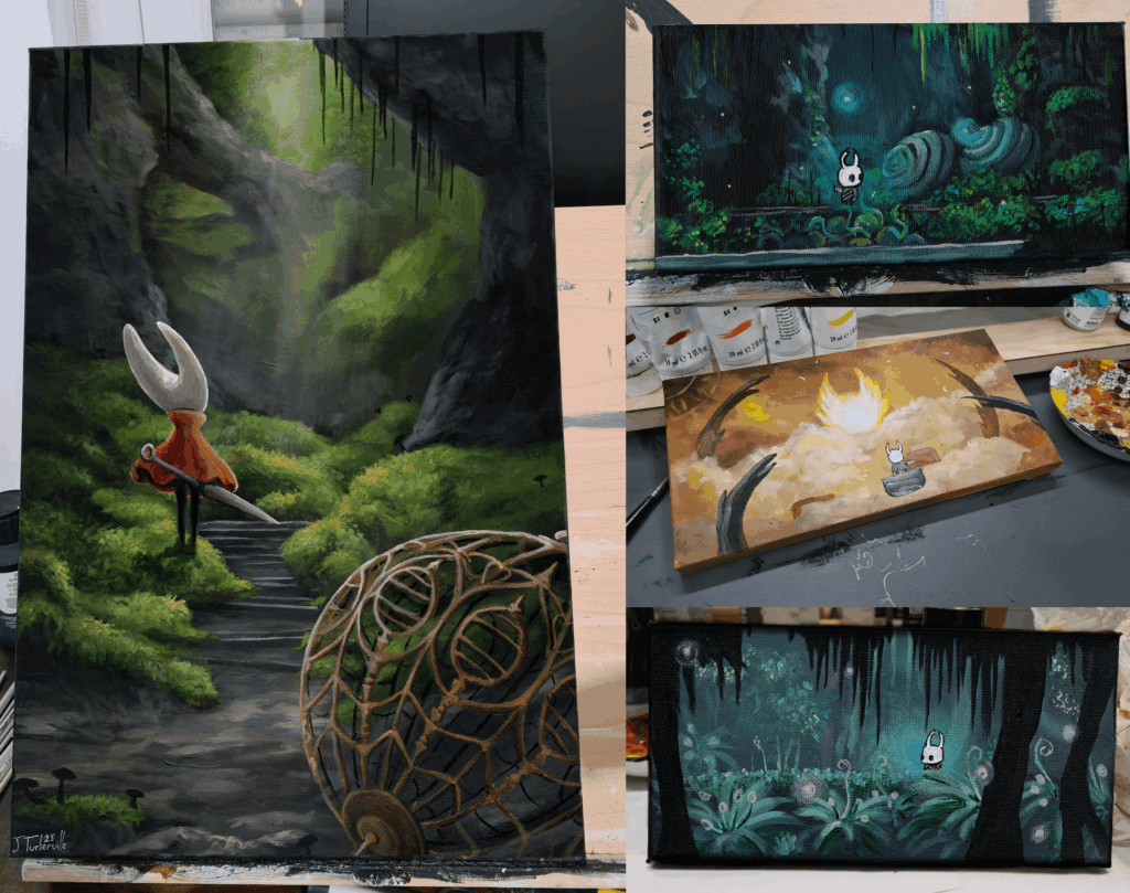 I've been making some hollow knight/silksong acrylic paintings!