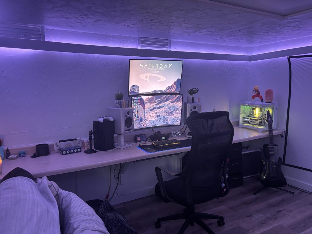 Should I lower the monitors a bit or leave it. Not really an issue at all. I have trouble keeping wallpapers and always changing them, I am kind over using wallpaper engine cuz nothing seems to fit how I would like. Can any one give me some ideas please? Thanks.
