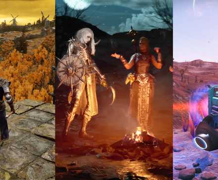 Split image Elden Ring character running on mountain, Diablo 4's class selection menu and No Man's Sky charater holding a gun